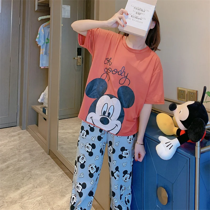 Disney Mickey Mouse Pajamas Set Women Summer Nightwear Pajama Two Piece Set Pyjamas Loungewear Kawaii Cute Pajamas Suit Women