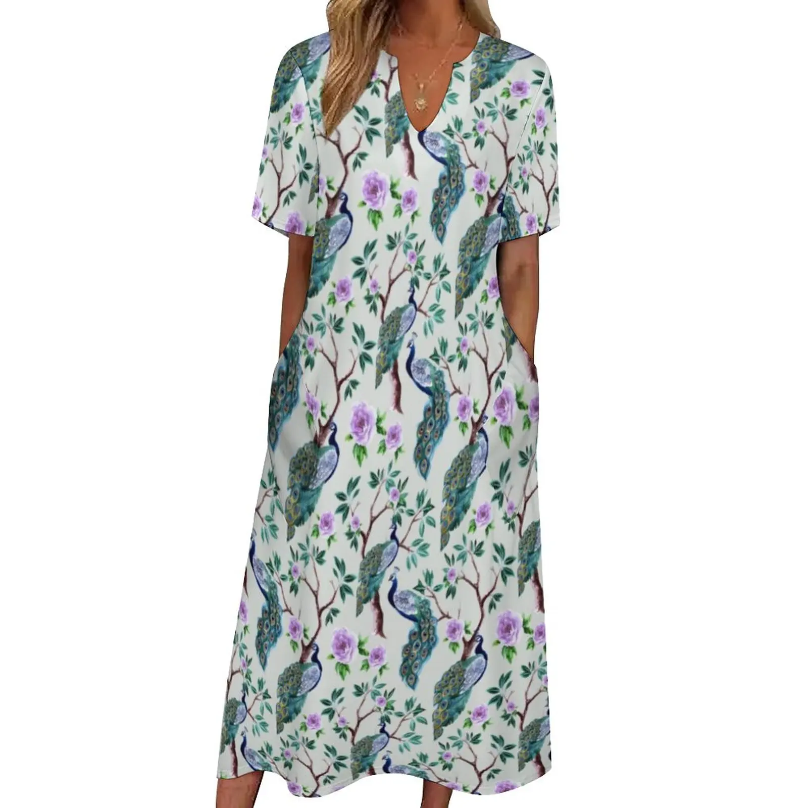 

Женское винтажное платье-макси, повседневное длинное платье с рисунком павлина и цветущего дерева, большие размеры 4XL, лето