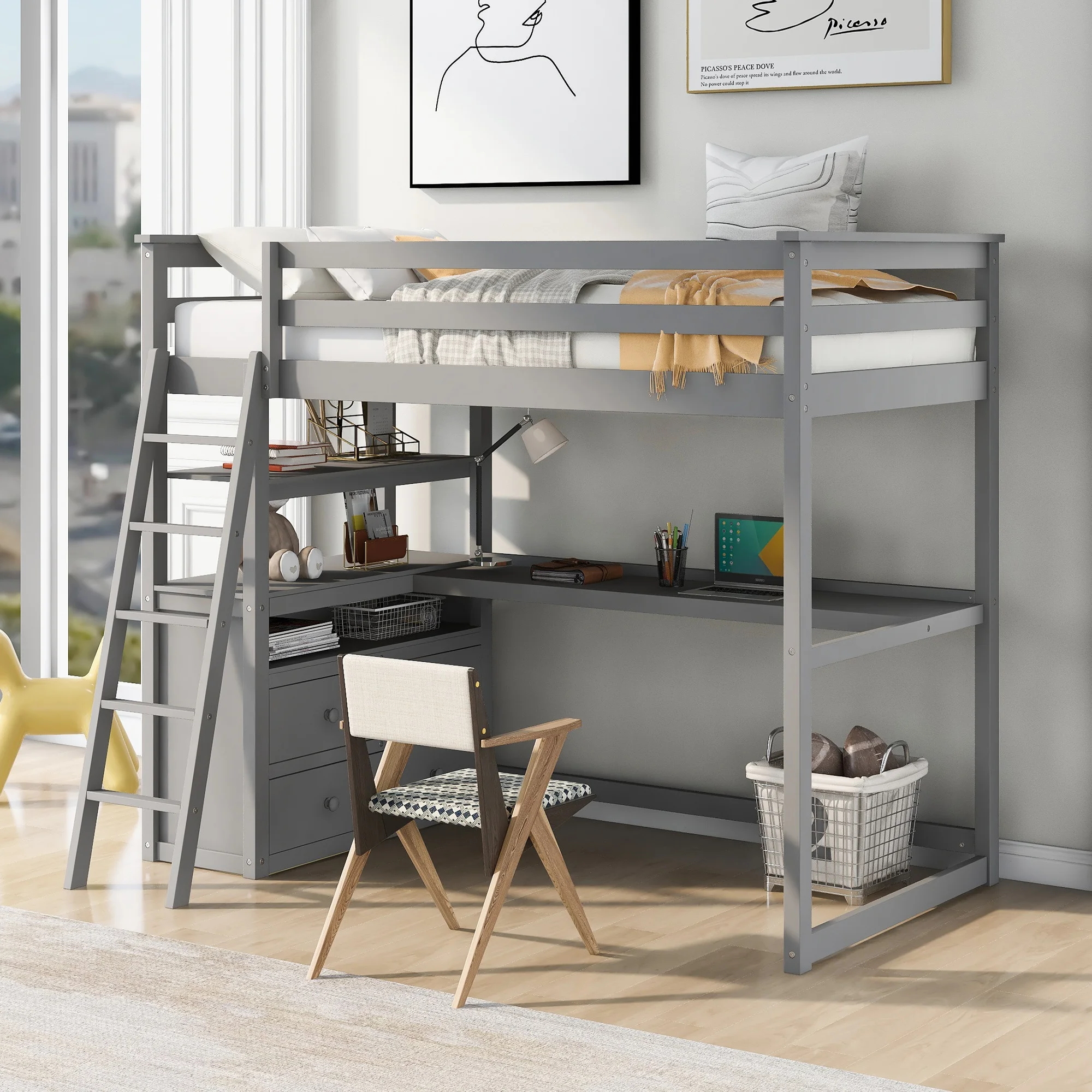 

Twin Size Loft Bed with Desk and Shelves,Two Built-in Drawers,Gray
