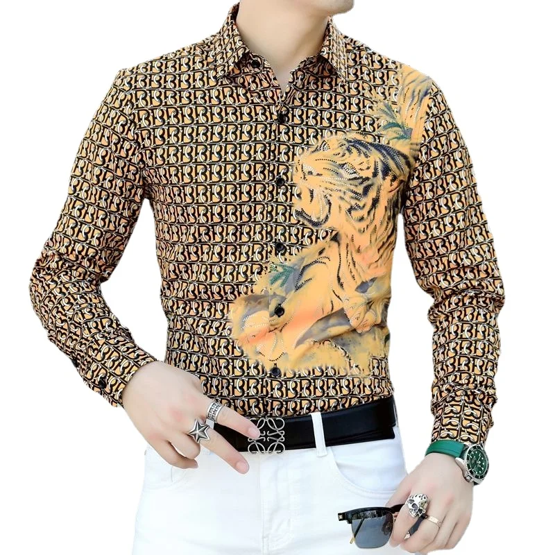 Spring and Autumn Men's Long -shirt Shirt, Lapel Single Chest Buckle, Tiger Printing Letter Pattern, Street Men's Clothing