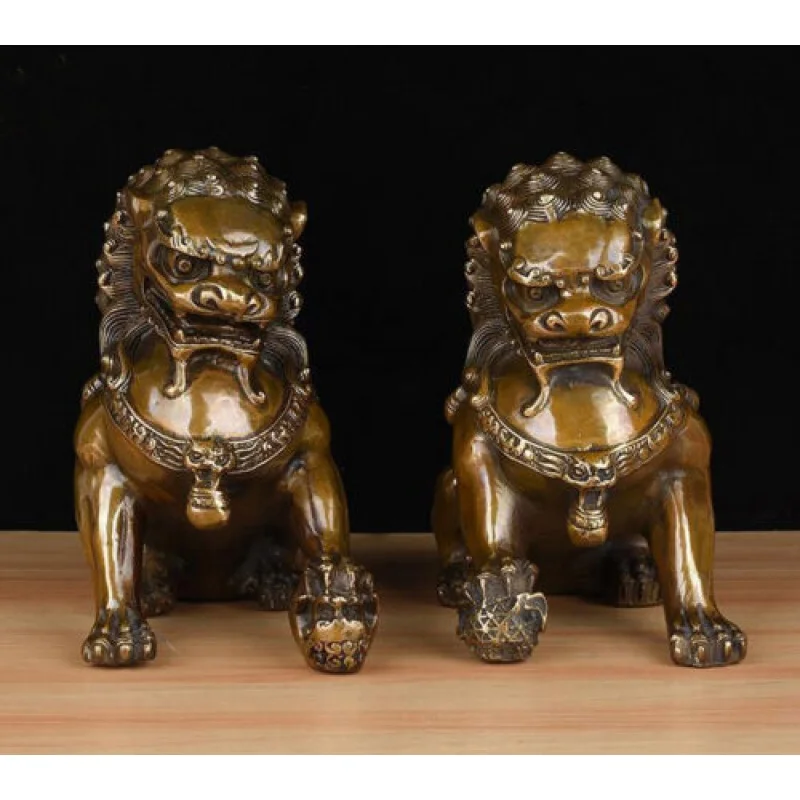 

16 см пара Бронзовых Статуй Auspiciou Fu Foo Dog Lion символ удачи фэн-шуй Lion