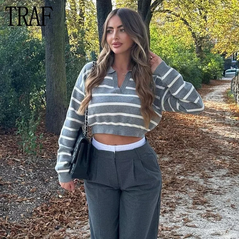 

TRAF Striped Cropped Sweaters for Women Ribbed Knitted Sweater Woman 2023 Long Sleeve Basic Women's Sweater Autumn Knitwears