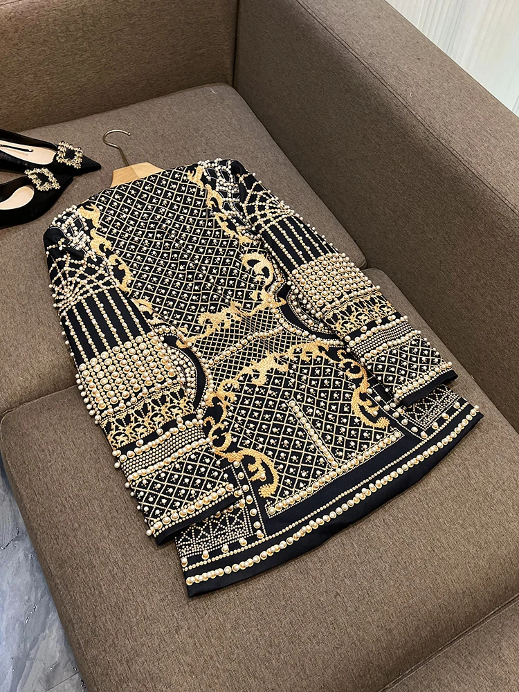 French Retro Printed Women's Jacket 2023 Spring New Fashion V-neck Long-Sleeved Thickened Mid-Length Suit Coat All-Matching