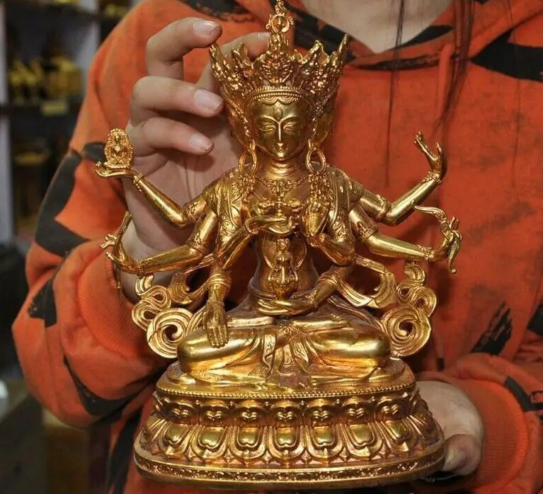 

8'' Tibet bronze 24k gold Gilt 8 Hands Namgyalma Ushnishavijaya Buddha Statue