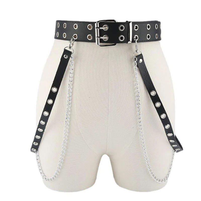 

Punk Gothic Faux Leather Belt Women Adjustable Metal Chain Ring Waist Belt
