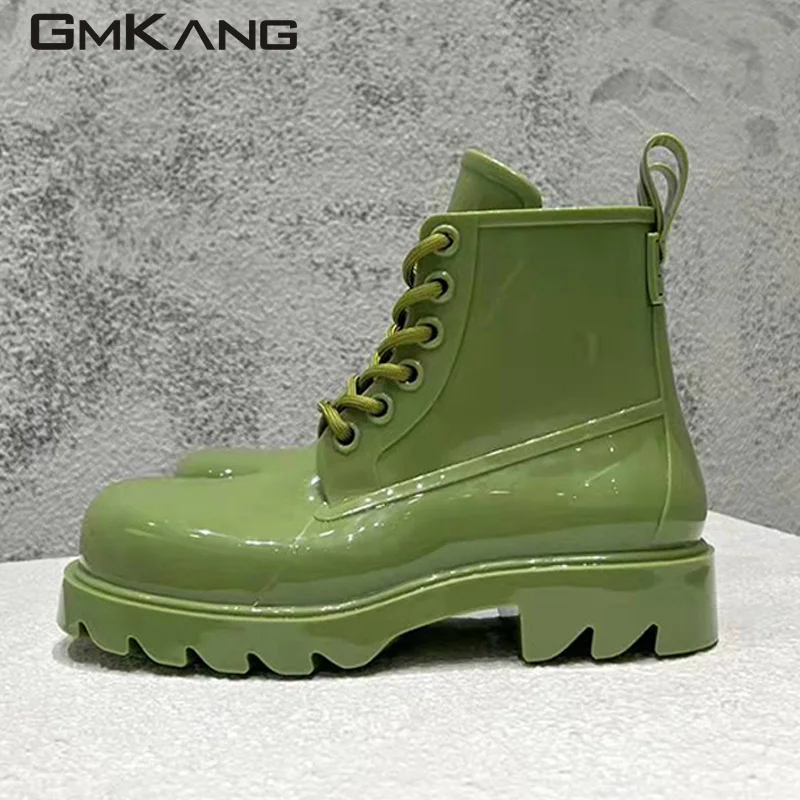 Runway Jelly Shoes Women Rubber Waterproof Rain Shoes Woman Round Toe Lace Up Flat Short Boots Lady Candy Color Rain Boots Women