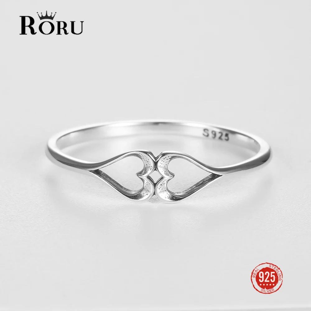 

RORU Minimalist Double Hearts Retro Design Finger Rings for Women Authentic 925 Sterling Silver Jewelry Trendy Ring 2022 Fashion