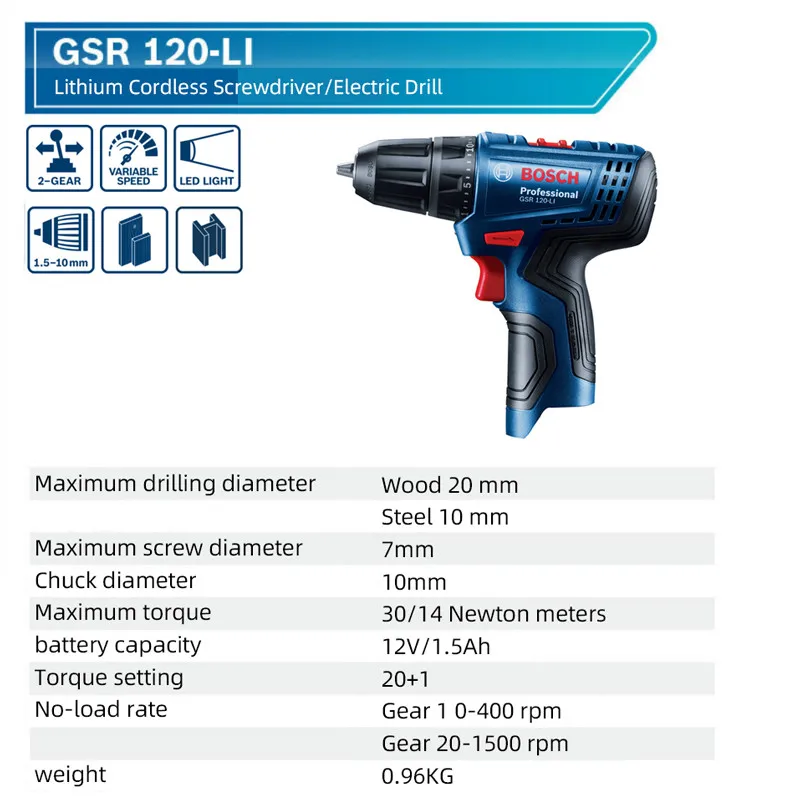 Фото Оригинальная электрическая дрель Bosch GSR 120-LI, 12 В, аккумуляторная, беспроводная, многофункциональная, для дома и ремонта, шуруповерт, электроинструмент №4
