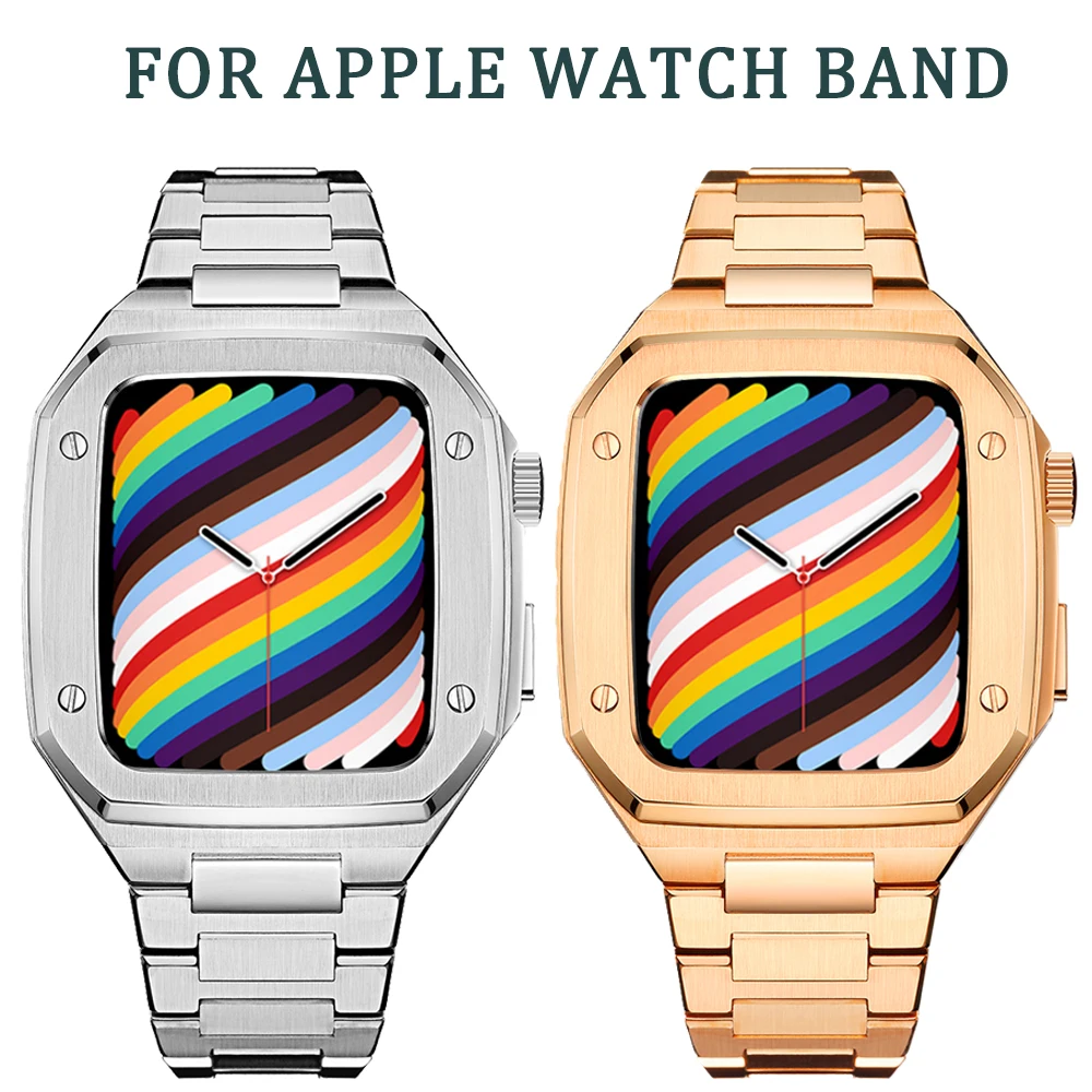 45mm For Apple Watch 7 SE 6 5 4 watchcase+watchband+ tool Stainless Steel Set Bands 44mm 42mm with Protective Cover For iwatch 7