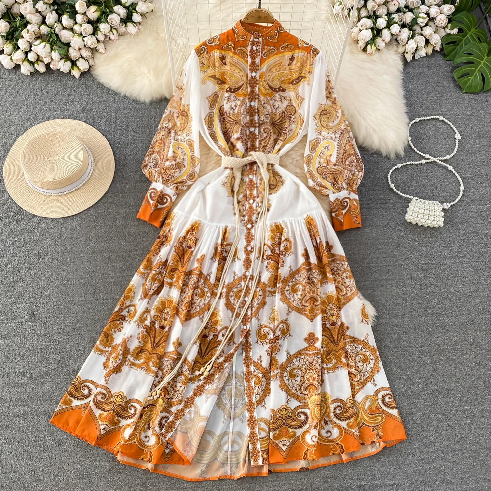 

Spring Runway Paisley Print Chiffon Bohemian Dress Women Fashion Long Sleeve Bandage Waist Long Beach Vacation Vestido A6695