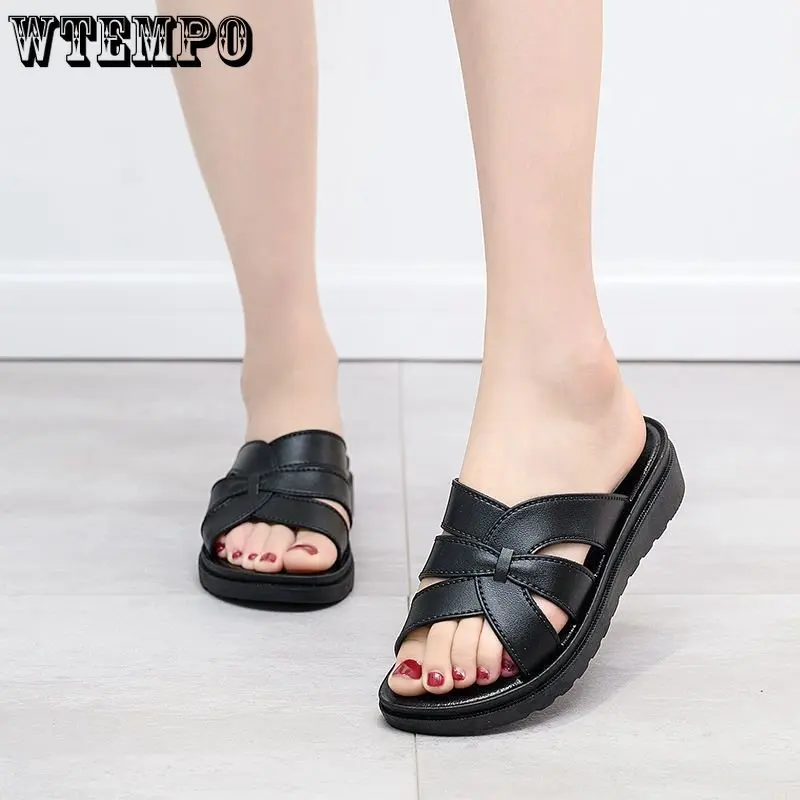 WTEMPO Summer Leather Women Slippers Outdoor Wear Wedges Soft Bottom Non-slip Seaside Women Sandals Mother Slippers Dropshipping