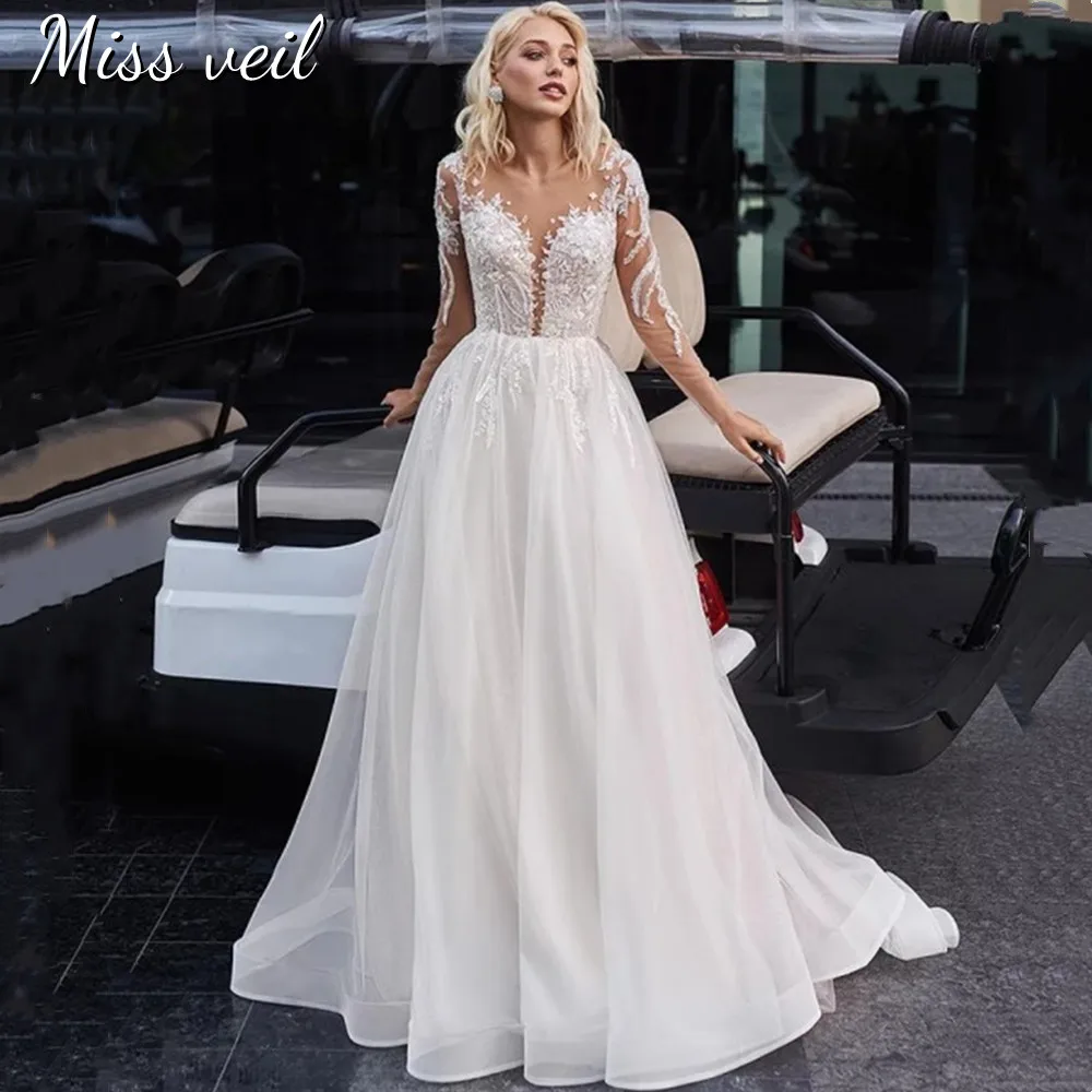 

Женское свадебное платье со шлейфом Miss Veil, кружевное платье с длинными рукавами, а-силуэт, на пуговицах, в богемном стиле