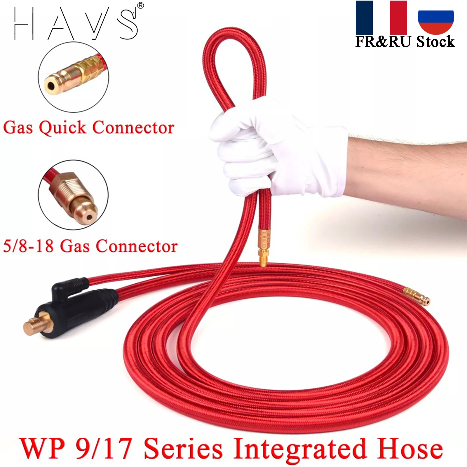 3.8m/7.6m WP9 WP17 TIG Welding Torch Gas-Electric Integrated Red Hose Cable Wires 5/8 Quick Connector 35-50 Euro Connector