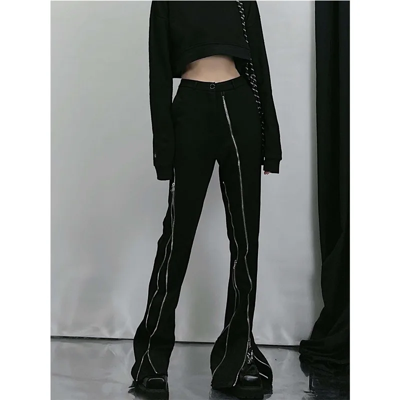 Autumn Black Trouser Slit Zipper Flared Pants Women Streetwear Clothing Winter Korean Fashion Full Length High Waist Pants S-4XL
