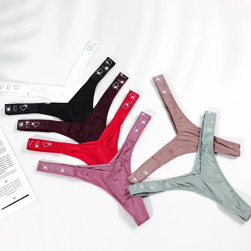 

Sexy High Fork Fashion Rhinestone G-String Pants Fitness Hip Lifting English Letter Elastic T-Shaped Underwear Pants Women