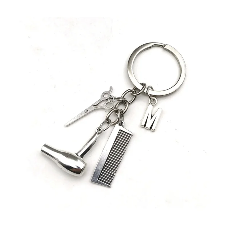

New fashion hair stylist must have hair dryer scissors comb decoration key ring hairdresser gift hair dryer A-Z letter keychain