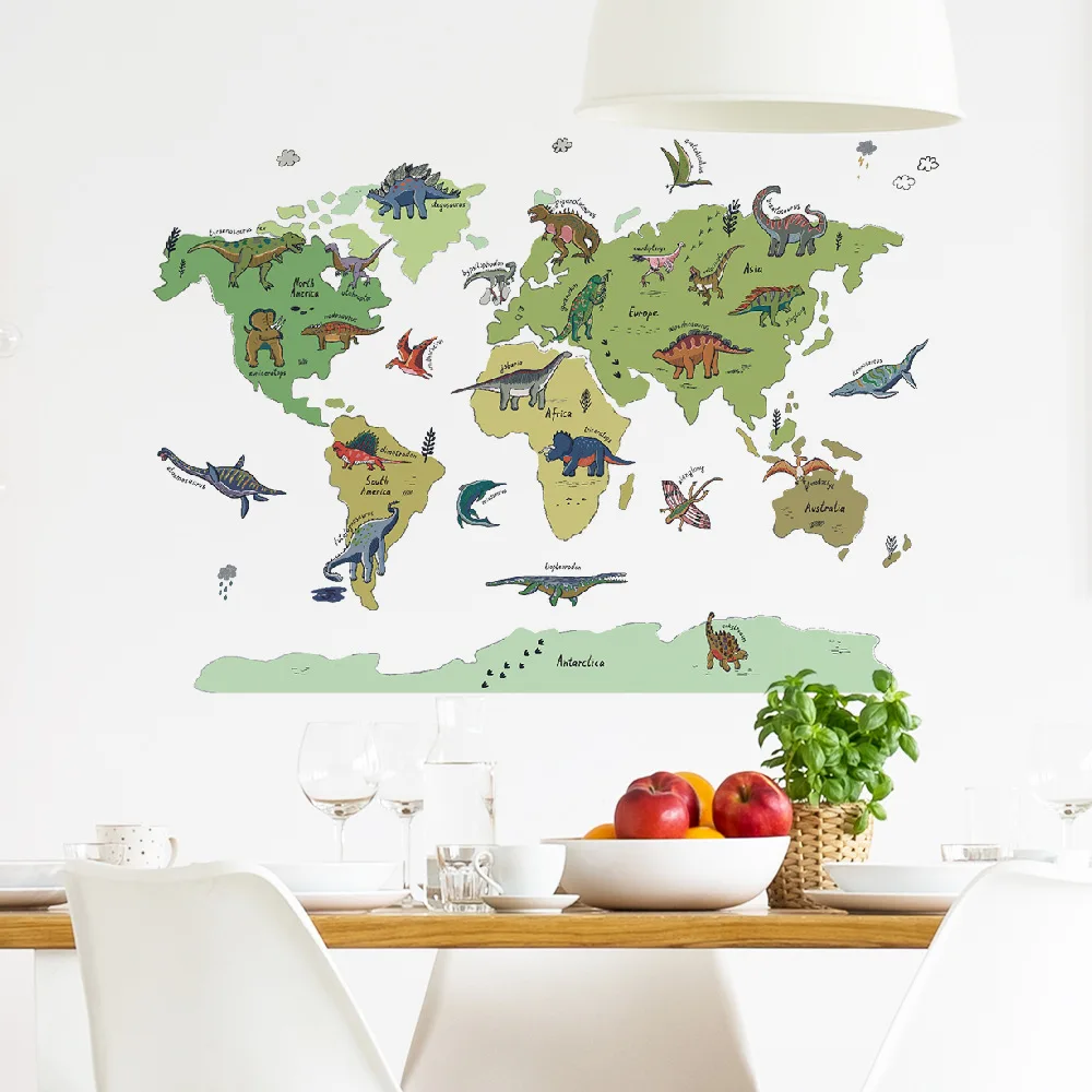 Наклейки на стену в виде карты мира с динозавром съемные водонепроницаемые