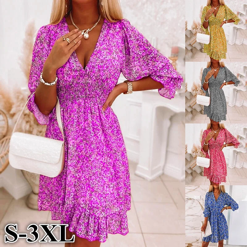 

2023 Women Summer Fashion Bohemian Dress Nipped Waist Pullover Deep V Neck Beach Dress Print Short-sleeve Floral Bright Dress