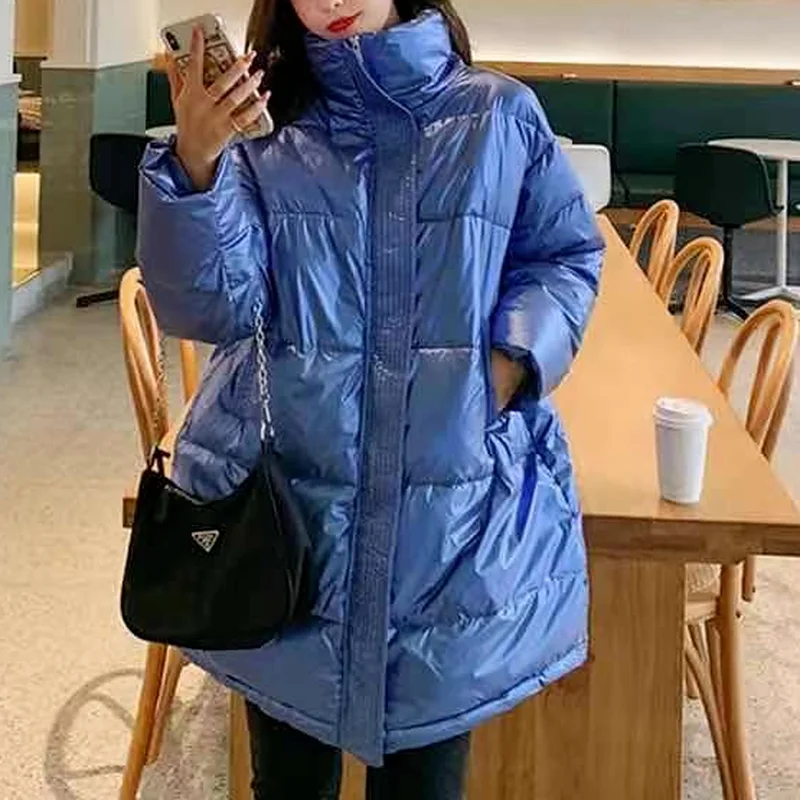 New 2021 Winter Jacket Ladies Down Cotton Long Coat Shiny Face Women's Plus Size Bread Coat Stand-up Collar Coat Winter