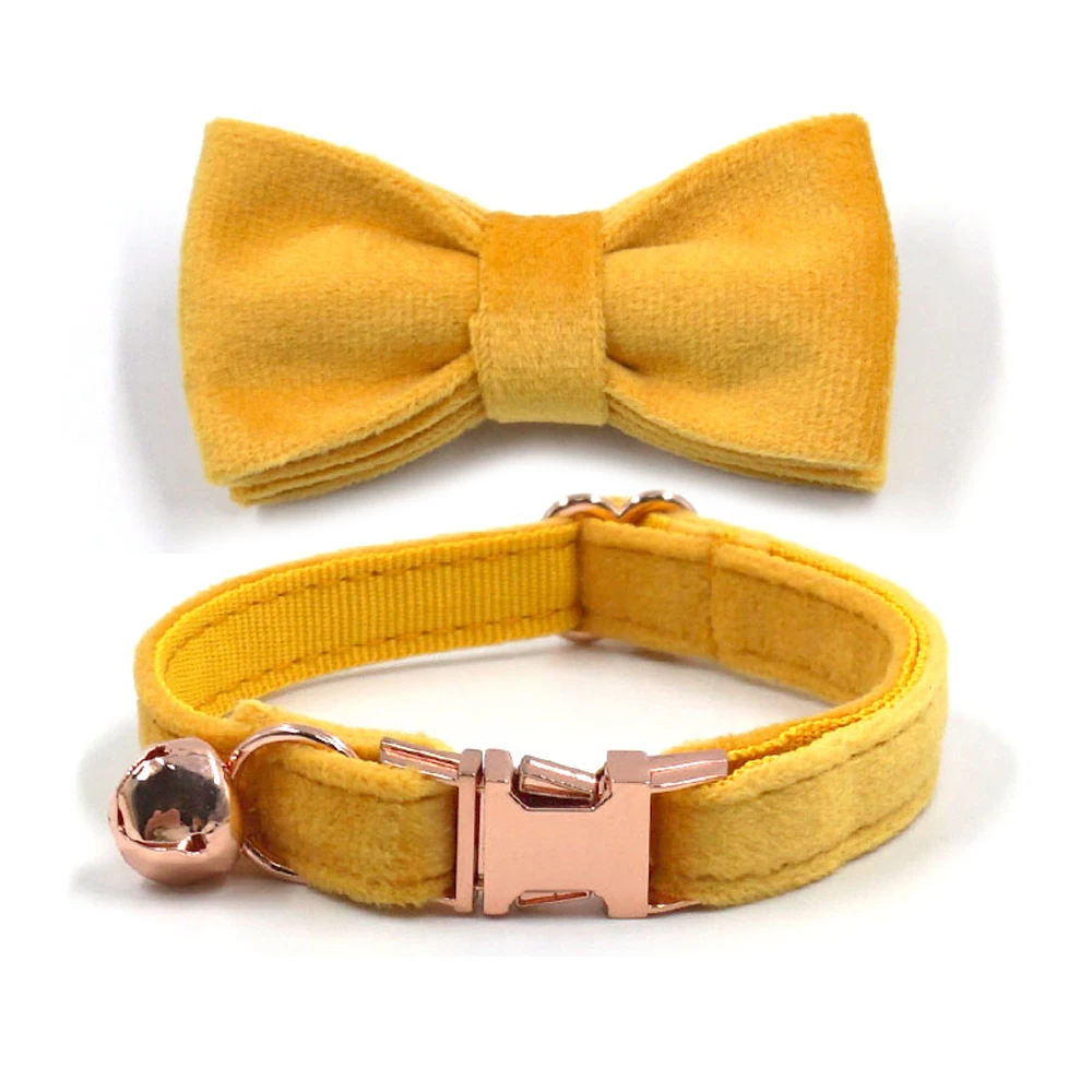 

Turmeric Velvet Collar for Cats with Name Engraved Safety Bow Kitten Collar with Bell Soft Velvet Pet Collars for Boy Girl Cats