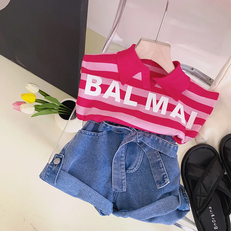 Girls Retro Jacket Summer Clothing Set POLO Collar Pink Striped Sleeveless Short T-shirt Jeans Flower Bud Denim Pants