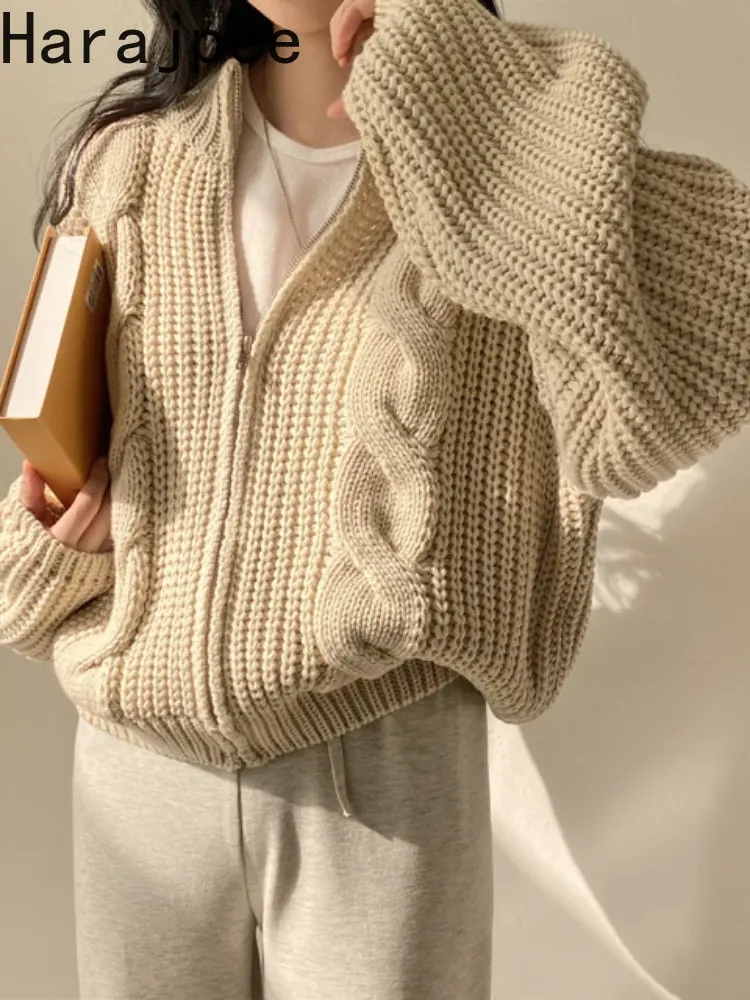 

Harajpee Solid Loose Zipper Vintage Long Sleeves Casual Knitted Cardigan Women New Autumn Winter All-Match Korean Fashion Top