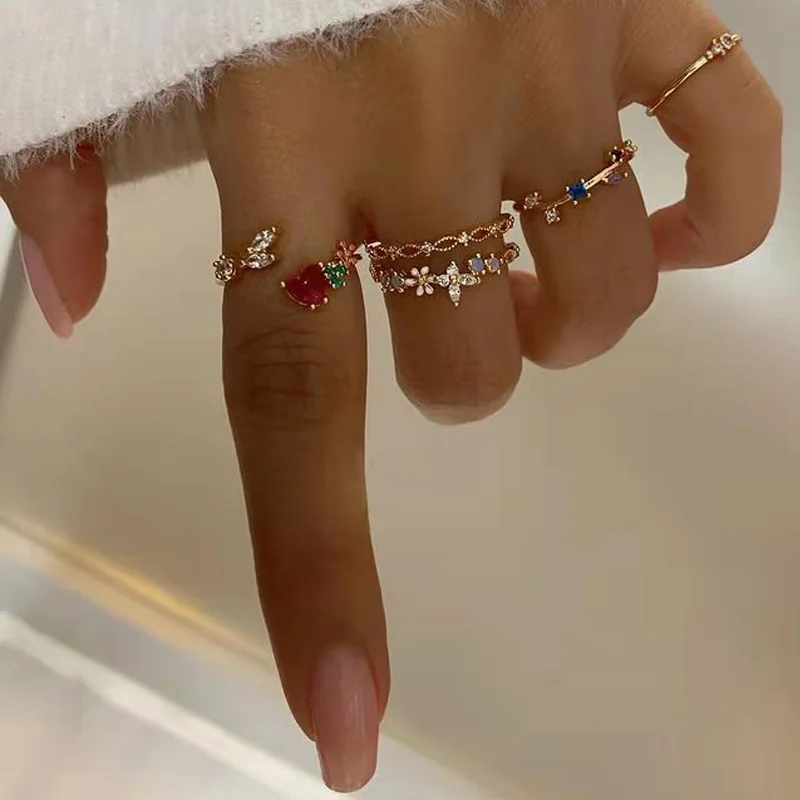 

5 Pcs/Set Sweet Crystal Heart Butterfly Rings for Women Fashion Geometric Rings Set Wedding Jewelry Accessories