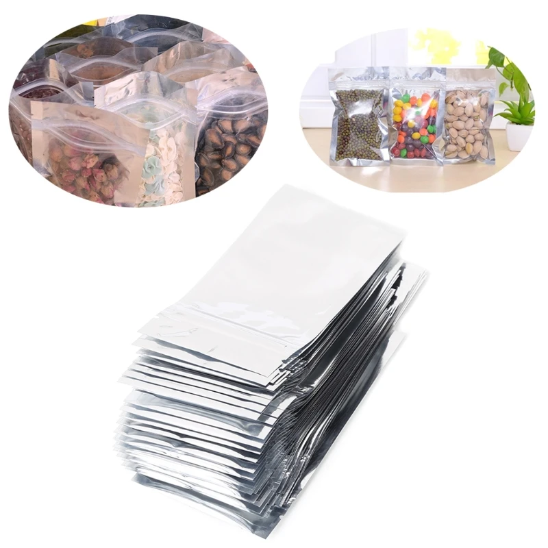 

50 Pcs 8.5x14cm Silver Aluminum Foil Mylar Recloeable Bag Front Clear Leak Proof
