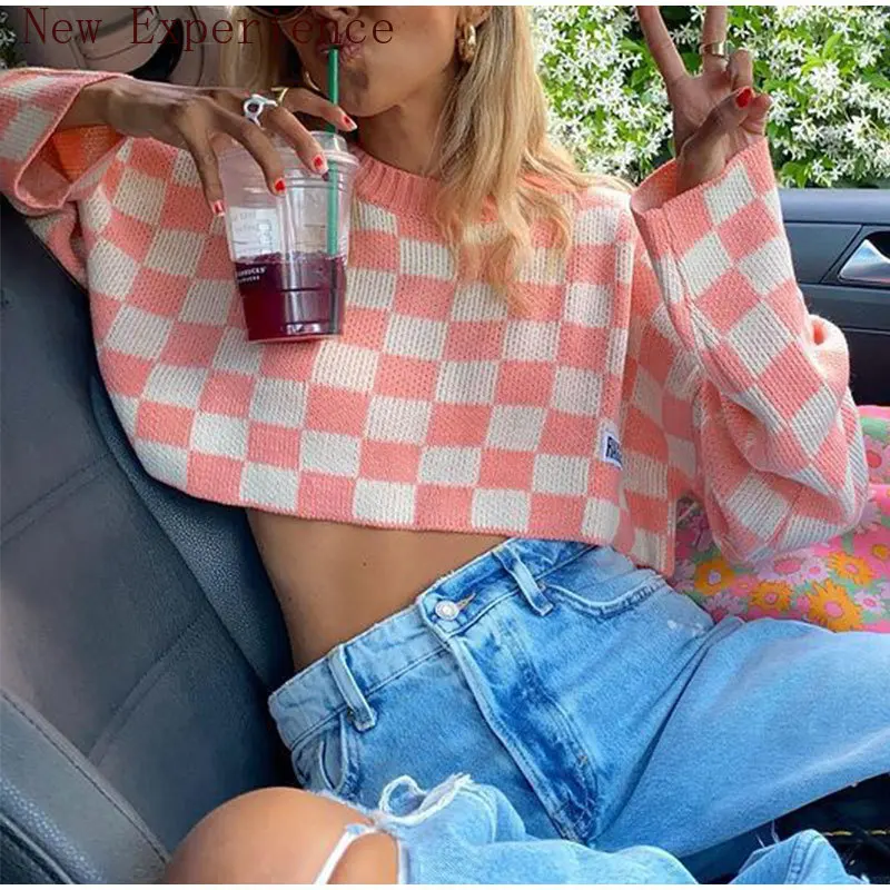 

Sweater Knitting Retro Checkered Short Women's Sweater Long-sleeved Women Fall/winter 2021 Loose Casual Fashion Pullover Women