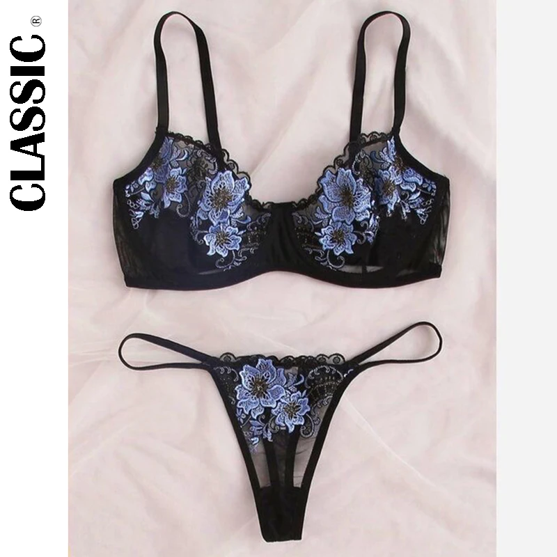 

Classic Underwear Sexy Suit Women's 2-piece Flower Embroidery Underwear Suit Lace Underwear Bra Suit