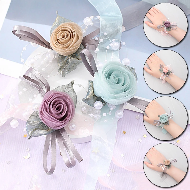 

Girls Bridesmaid Wrist Flowers Wedding Prom Party Boutonniere Satin Rose Bracelet Fabric Hand Flowers Wedding Supply Accessories