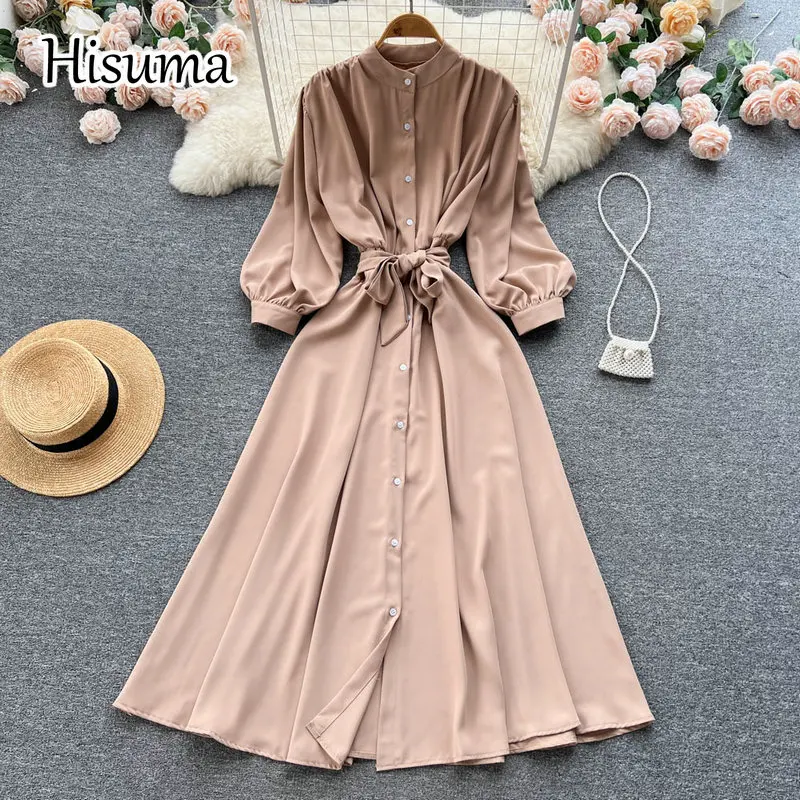 

2022 autumn new women's o-neck lantern sleeve single breasted chiffon party dress female Chic waist lace-up A-line dresses
