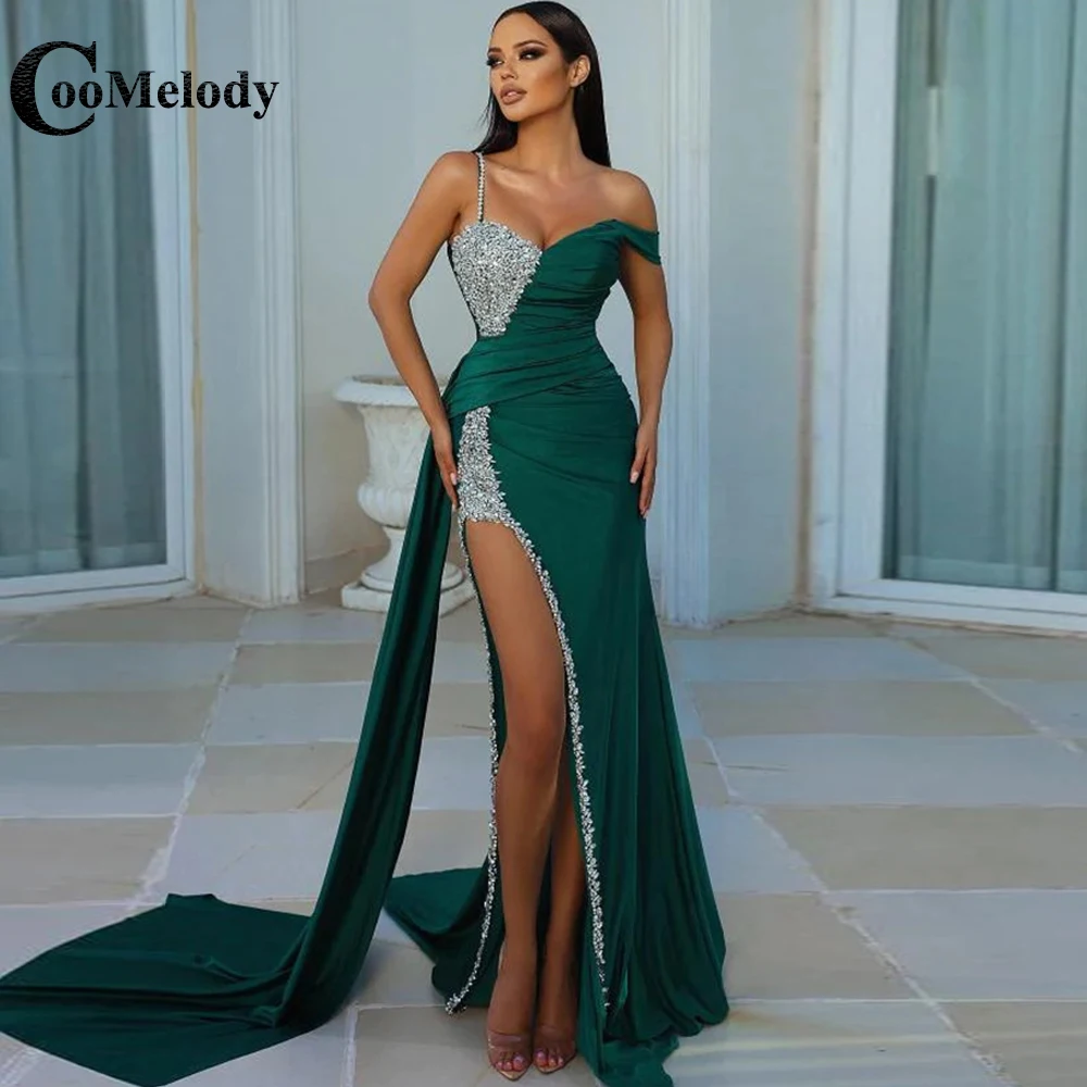 

Coomelody Luxury Pleated Sequins Slit Cocktail Gowns V-neck Spaghetti Strap Asymmetrical 2023 Vestido De Noche Personalised