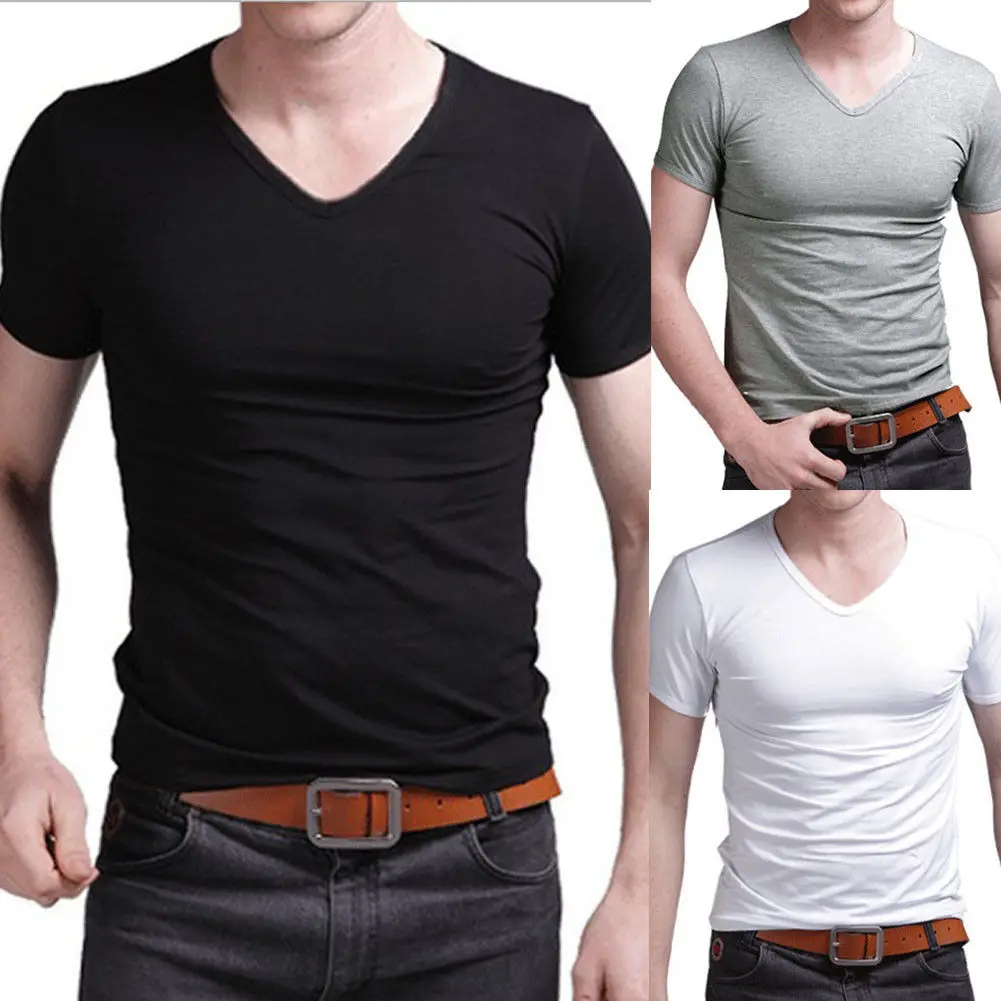 

B4343 Summer Hot Sale T- Shirt New Men's V Neck Tops Tee Shirt Slim Fit Short Sleeve Solid Color Casual T-Shirt