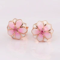 authentic 925 sterling silver sparkling rose magnolia bloom with crystal stud earrings for women wedding gift pandora jewelry