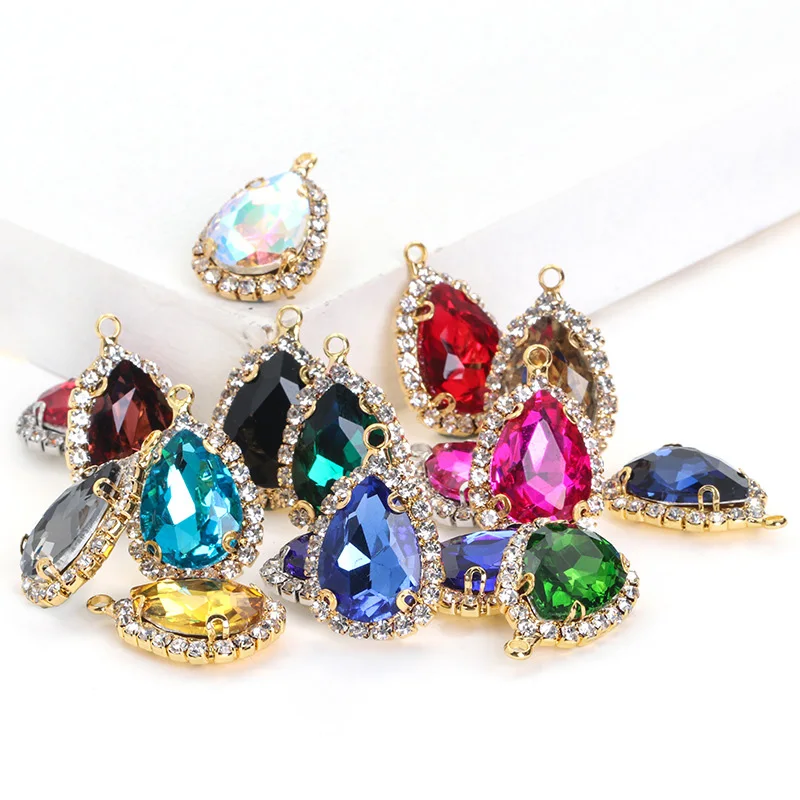 

10pcs Teardrop Glass Sew On Rhinestones With Golden Bottom Flatback Crystals Stones For DIY Making Jewelry Clothing Accessories