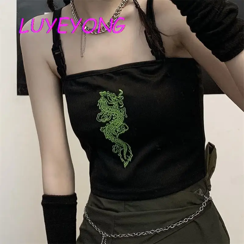 

Harajuku Street Crop Top Y2k Girl Chinese Dragon Embroidery Backless Camisole Gothic Style Black Female Rock Short Length Camis