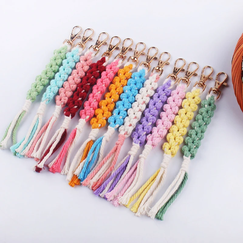 Pure Handmade Macrame Wristlet Keychain Boho Bohemian Key Fob Strap Wrist Lanyard Bracelet Keyring Purse Backpack Charm Crochet