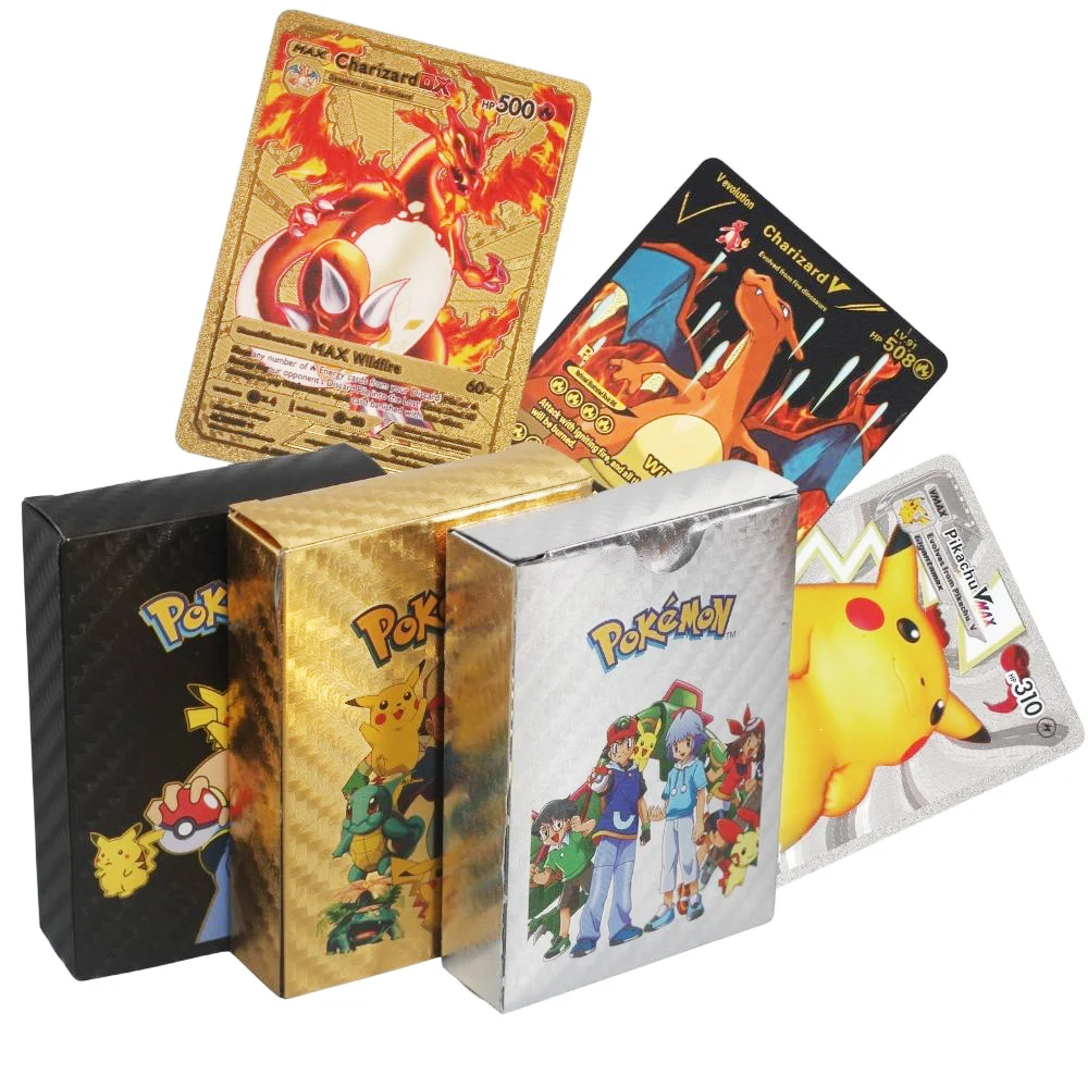 

Gold Pokemon Cards Metal Coating Vmax GX Energy Silver Black Card Charizard Pikachu Rare Collection Battle Trainer Card