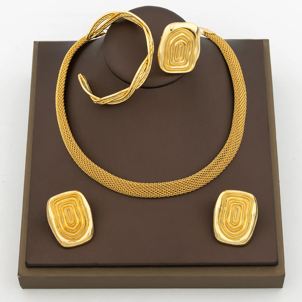 

African Dubai Gold Plated Jewelry Set Clip Earrings and Necklace with Finger Ring Party Weddings Gifts Cuff Bangle Anniversary