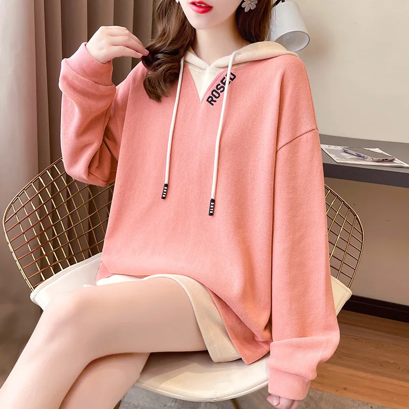 

New Korean Version of Loose Embroidery, Contrast Stitching, Casual All-match Fake Two-piece Hooded Jacket Womens Winter Tops