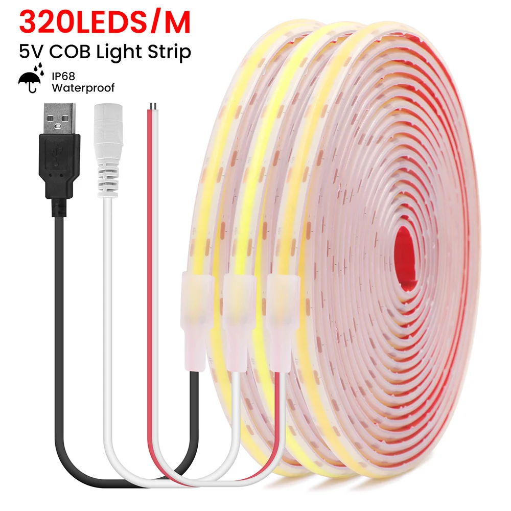 IP68 Водонепроницаемая светодиодная лента COB USB 5 В 12 24 3000 К 4000 6000 Гибкая клейкая