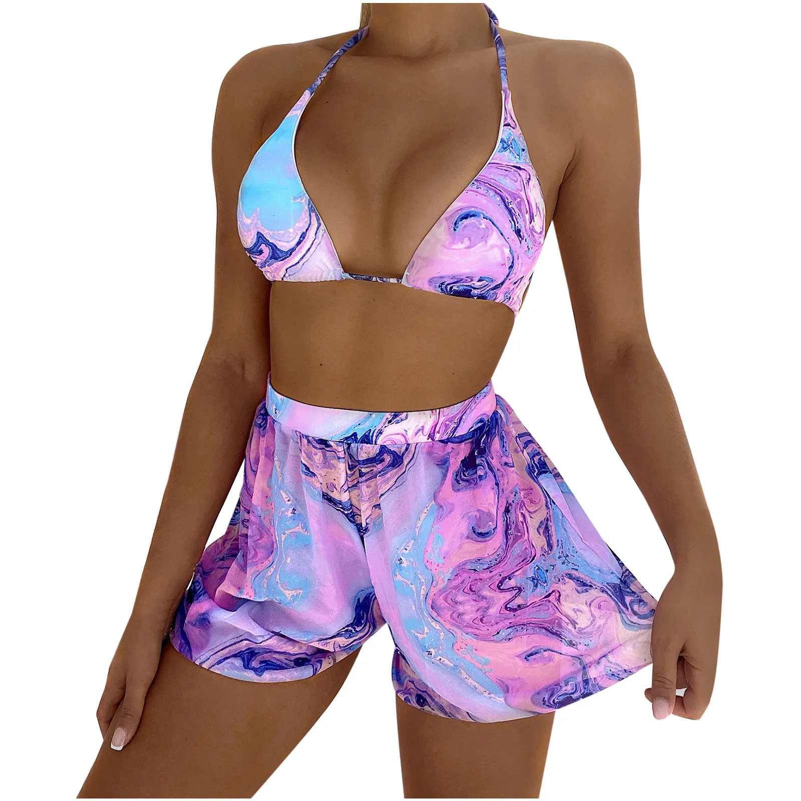 

ISHOWTIENDA Fashion Women's Bikini Set Sexy Split Three-Piece Swimwear Printed Halter Neck Swimsuit Beach Bathing Suits