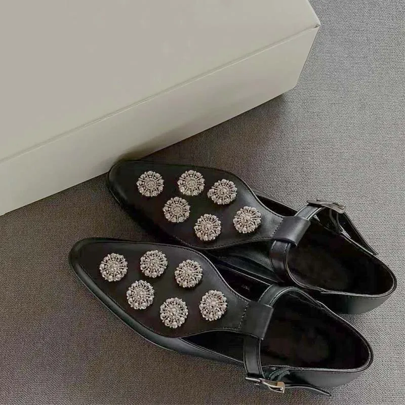 Pointed Toe Retro Leather Shoes Lady 2023 Metal Decor Spring Japanese Girl Style Mary Jane Shoes Fashion Buckle Flat Sandals 40