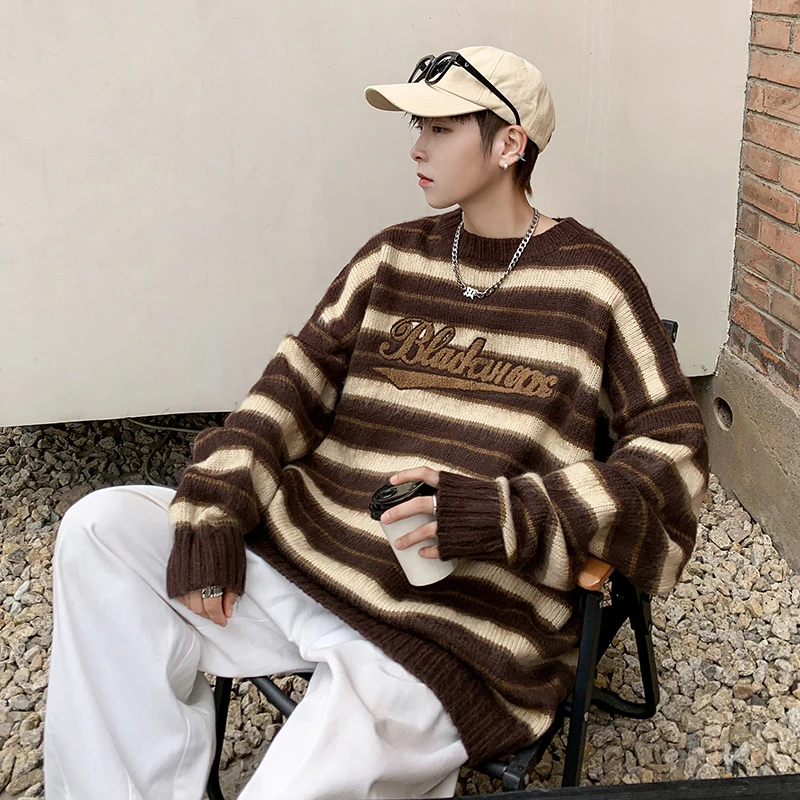 

2023 Men's New Fashion Casual Loose Stripe Contrast Knitwear Retro Lazy Long Sleeve Crew Neck Pullover Teen Sweater Undercoat