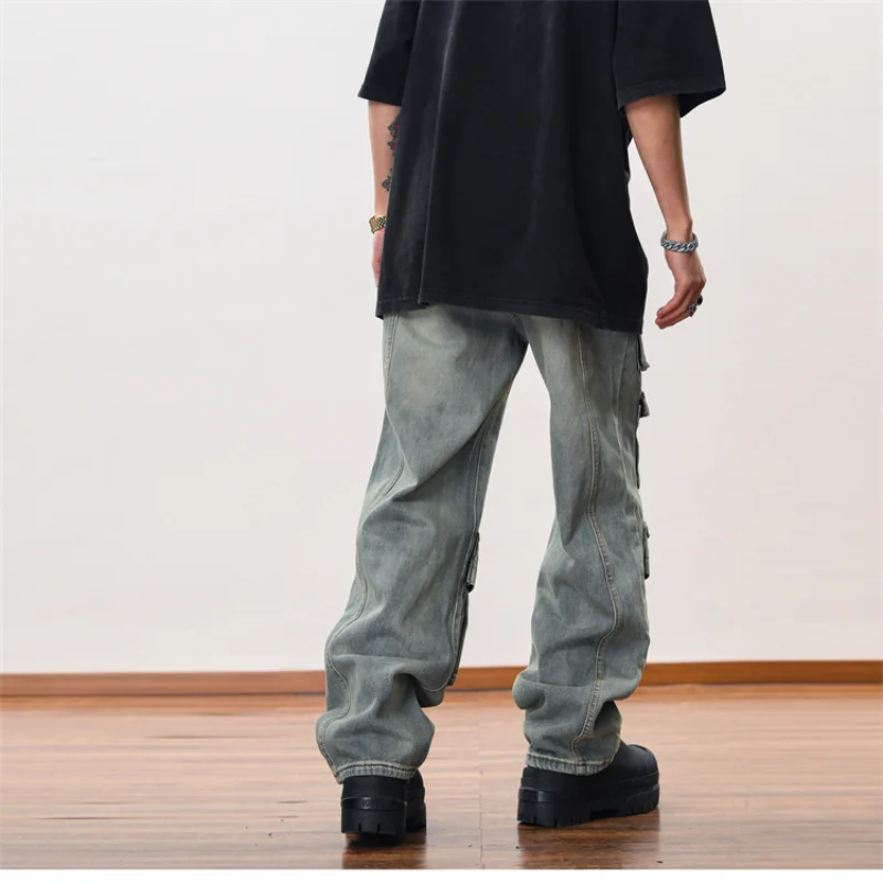 Hip Hop Cargo Denim Pants Streetwear Plain Denim Pants Mens Harajuku Cotton Casual Joggers Jeans Loose Straight Pants Trousers