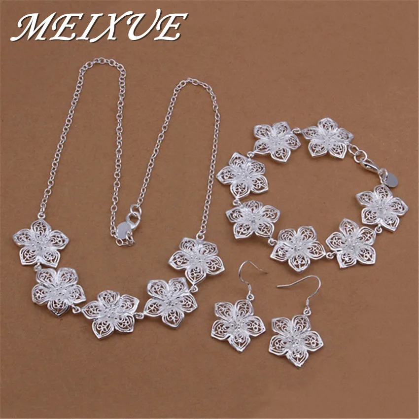 

925 Stamped silver Women lady wedding jewelry elegance flower necklace bracelets Earrings fashion 45CM 20CM jewelry Set