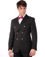 2022 Side Vent Groomsmen Peak Lapel Groom Tuxedos Black  White Stripe Men Suits Wedding Best Man (Jacket+Pants+Tie+Hankerchief)