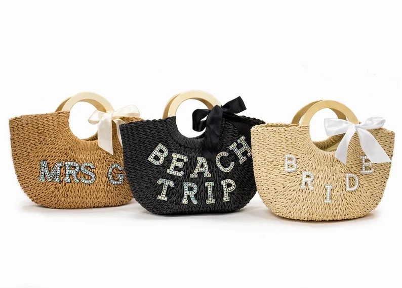 Bride Custom Beach Bag Personalized Straw Basket Bridal Shower Customized Straw Bags Custom Beach Bag Straw Tote Customized Bags