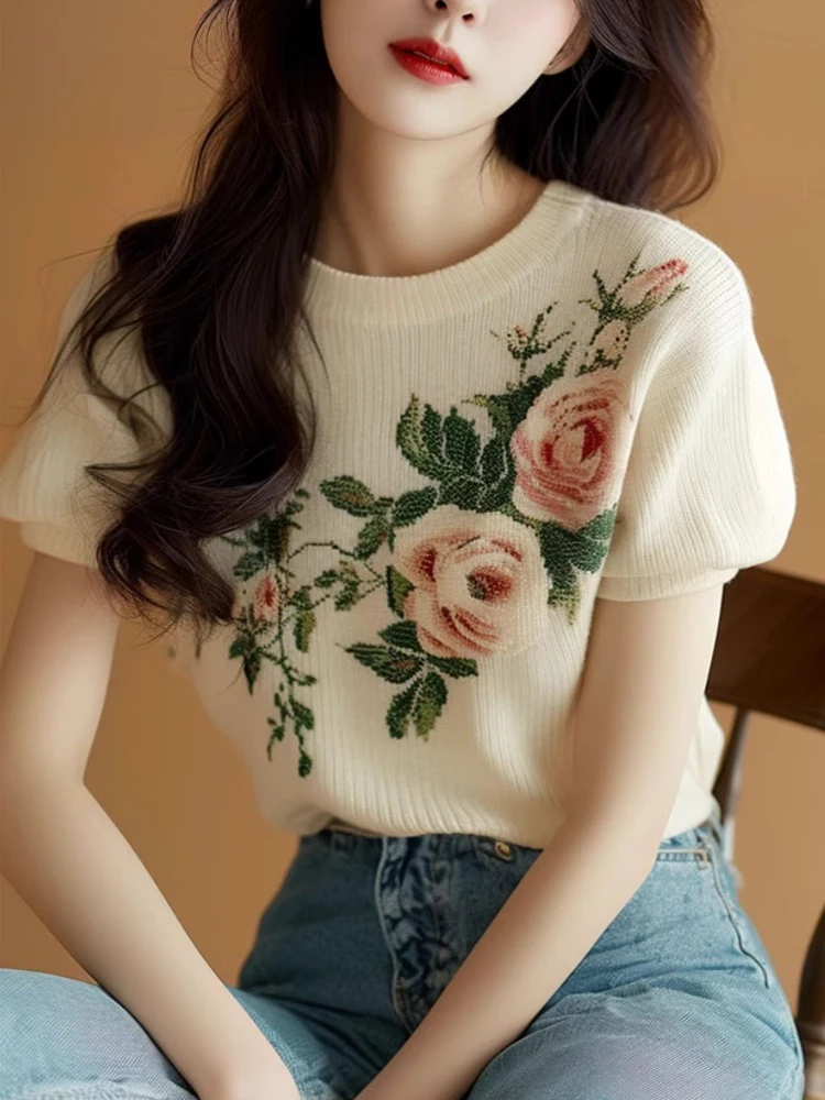 Плюс размер модная ретро M абрикосовая роза с принтом круглый вырез вязаная